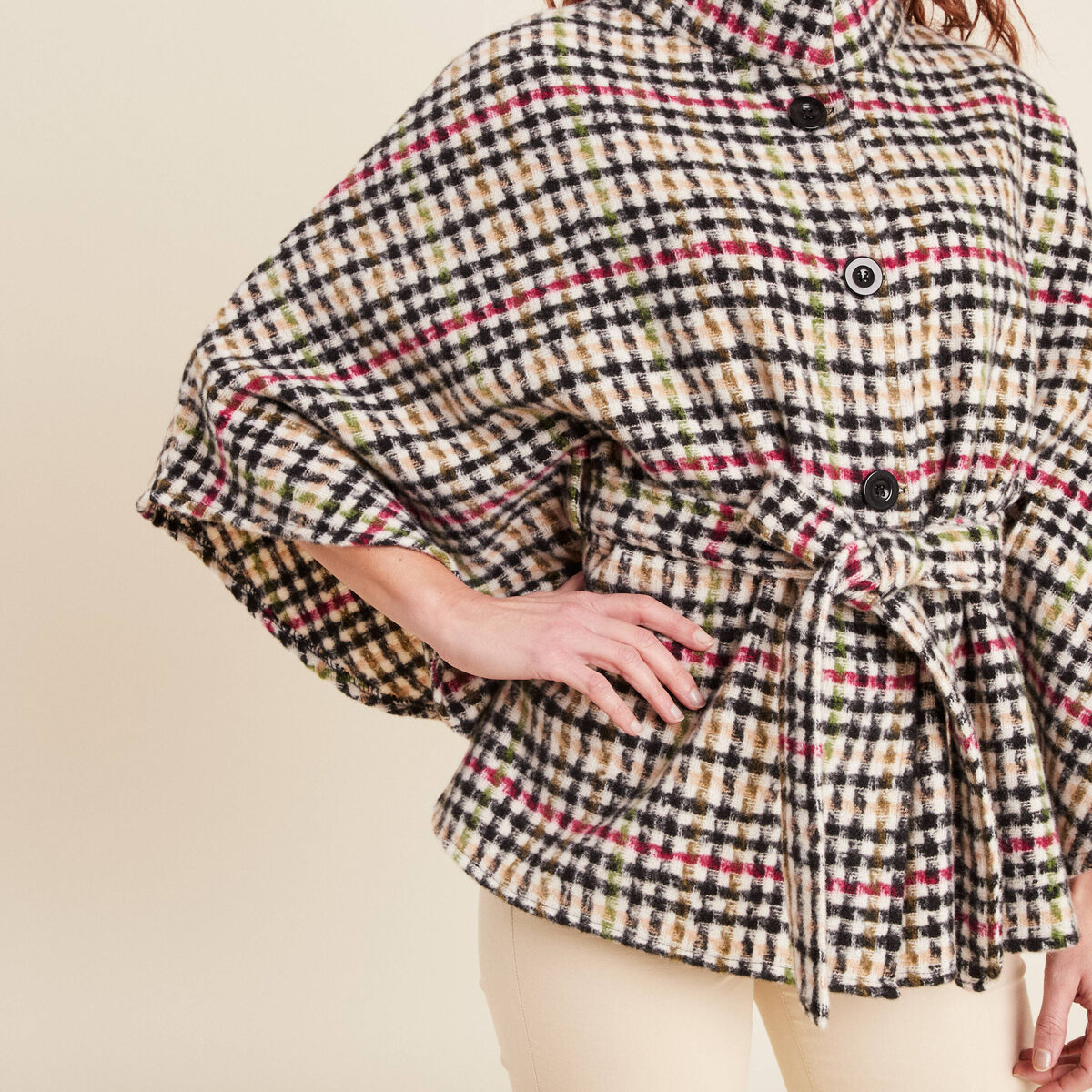 Poncho ceinturé boutonné multicolore femme