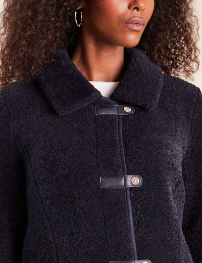 Manteau droit effet mouton bleu fonc&eacute; femme