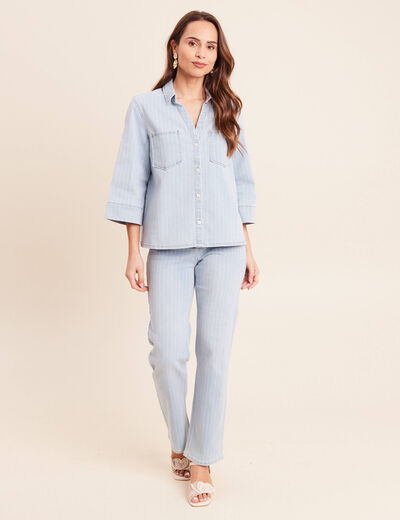 Chemise jean col chemise manches 3/4 blanc femme