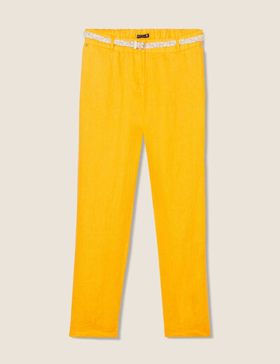 Pantalon coupe chino en lin ceintur&eacute; jaune or femme