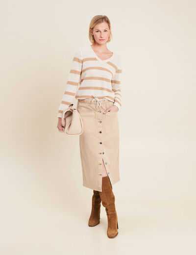 Jupe longue droite en jean denim beige femme