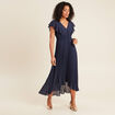 Robe longue évasée à volants bleu marine femme
