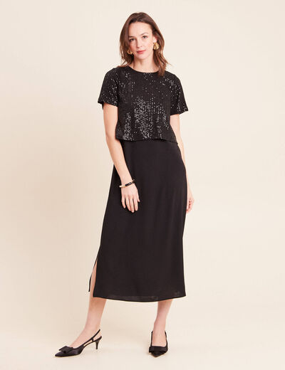 Robe longue &eacute;vas&eacute;e 2 en 1 col rond noir femme