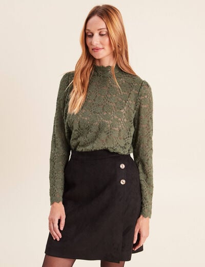 T-shirt cintr&eacute; col montant dentelle vert kaki femme