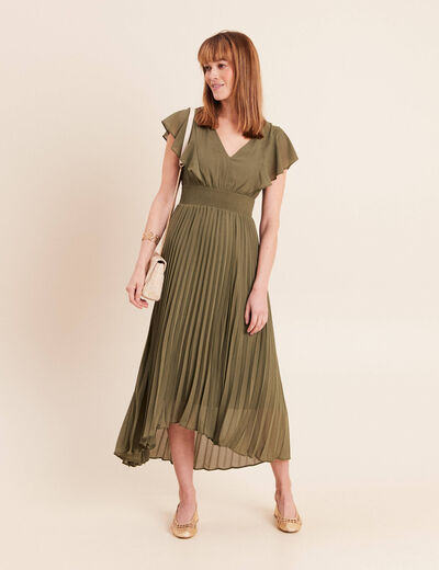Robe longue &eacute;vas&eacute;e &agrave; volants vert kaki femme