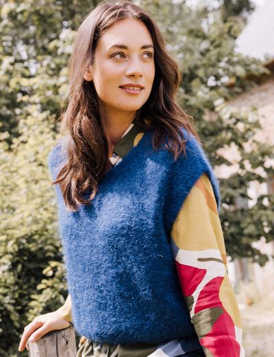 Pull sans manches bleu marine femme