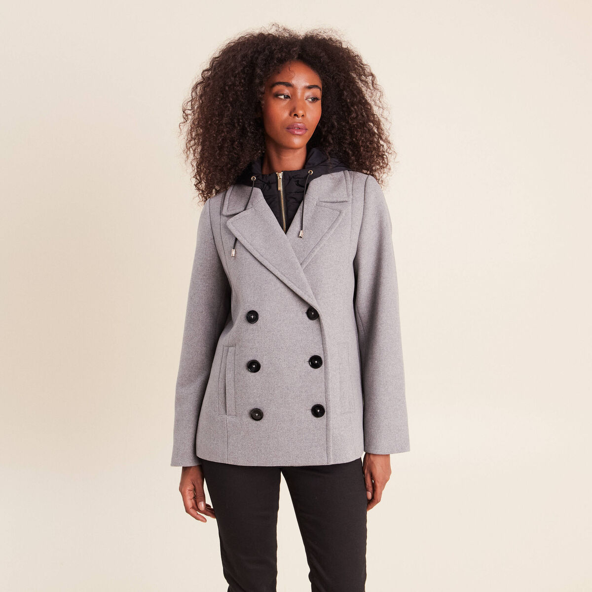 Caban doubl&eacute; avec capuche gris clair femme