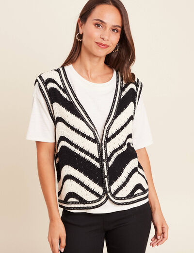 Gilet court droit col v en coton noir femme