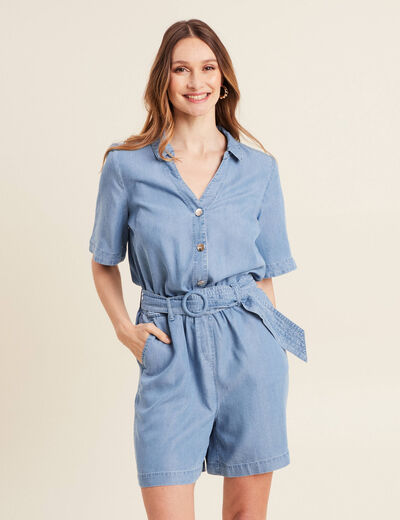 Combishort ceinturée denim double stone femme
