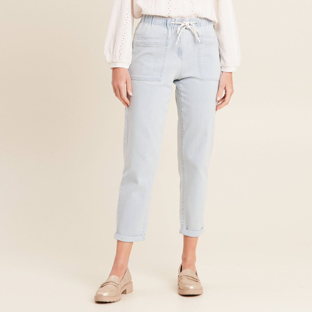 Jean large à coulisse denim bleach femme
