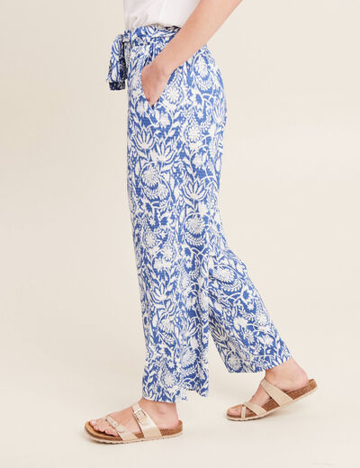 Pantalon ample taille haute bleu femme