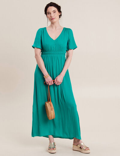 Robe longue évasée satin bleu turquoise femme