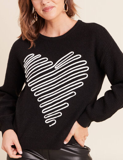 Pull col rond manches longues noir femme