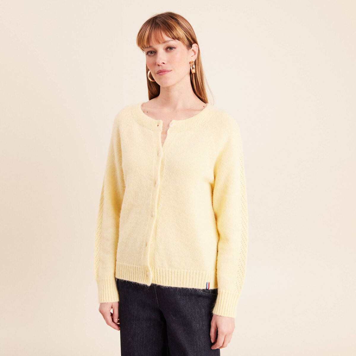 Gilet manches longues col rond jaune pastel femme