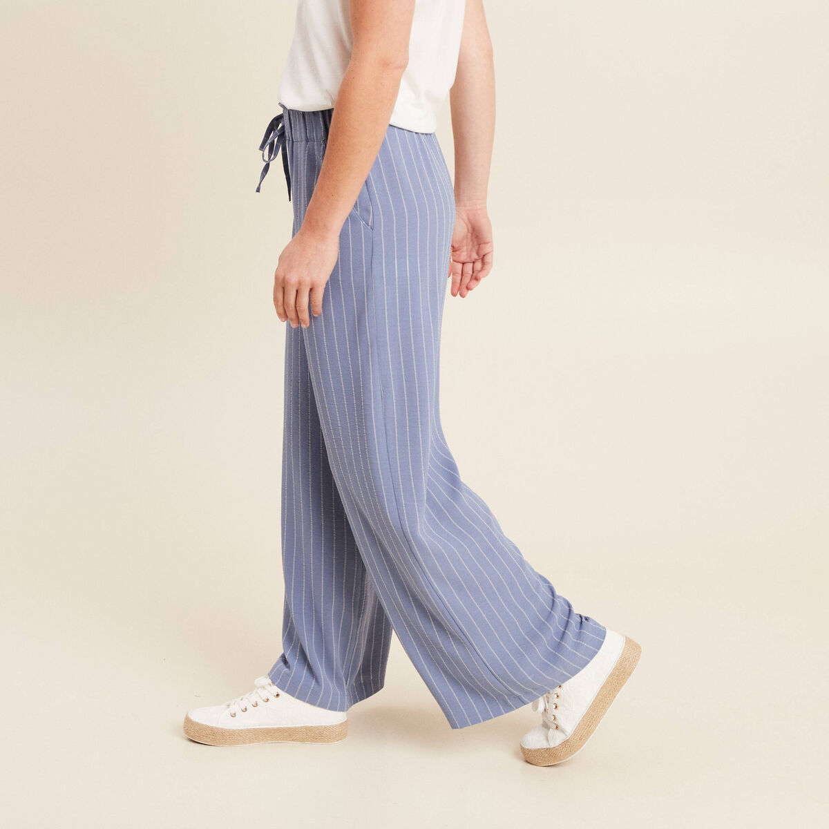 Pantalon large taille haute bleu ciel femme