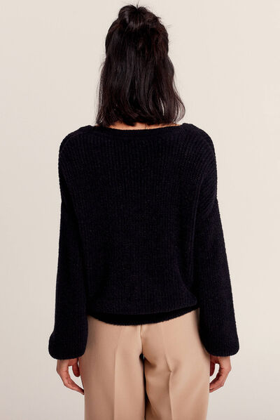 Poncho maille ajourée fluide noir femme