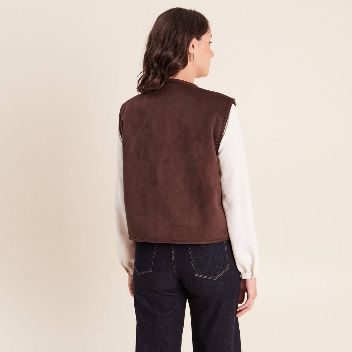 Veste r&eacute;versible duveteuse marron fonc&eacute; femme