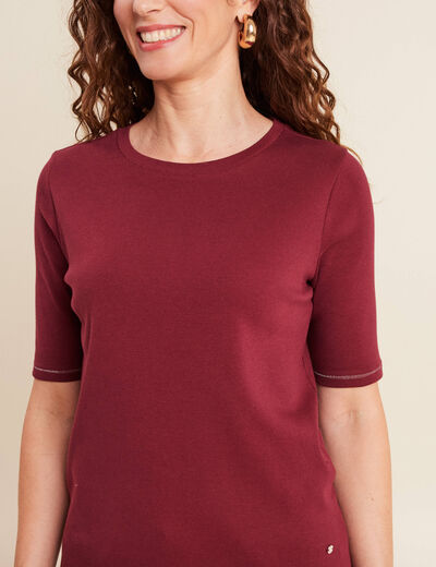 T-shirt ajust&eacute; col rond manches coudes bordeaux femme