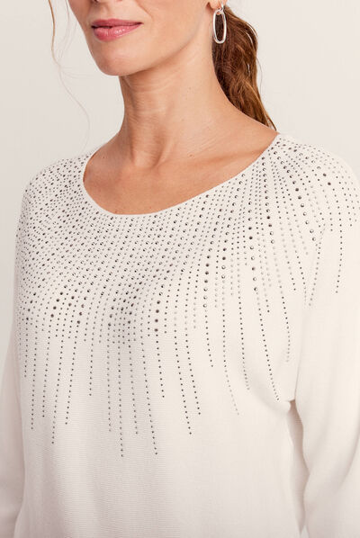 Pull manches longues strass ecru femme