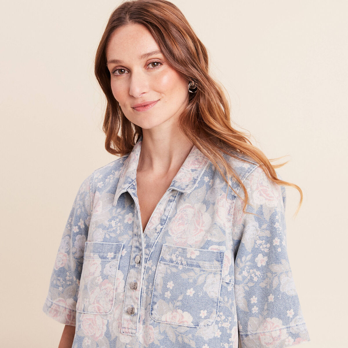 Robe droite courte en jean col chemise rose femme