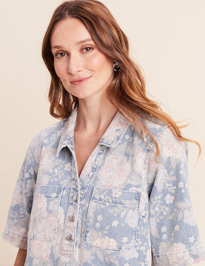 Robe droite courte en jean col chemise rose femme