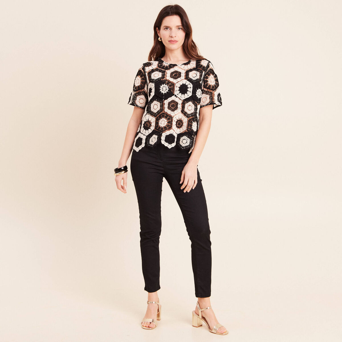 Blouse col rond manches courtes dentelle ecru femme