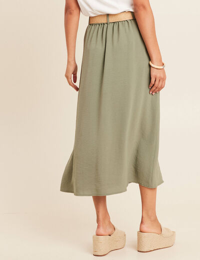 Jupe longue évasée ceinture amovible vert kaki femme