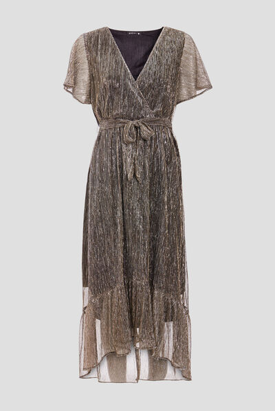 Robe longue droite ceinturée couleur or femme