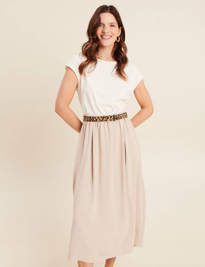 Robe longue évasée bi-matière ecru femme