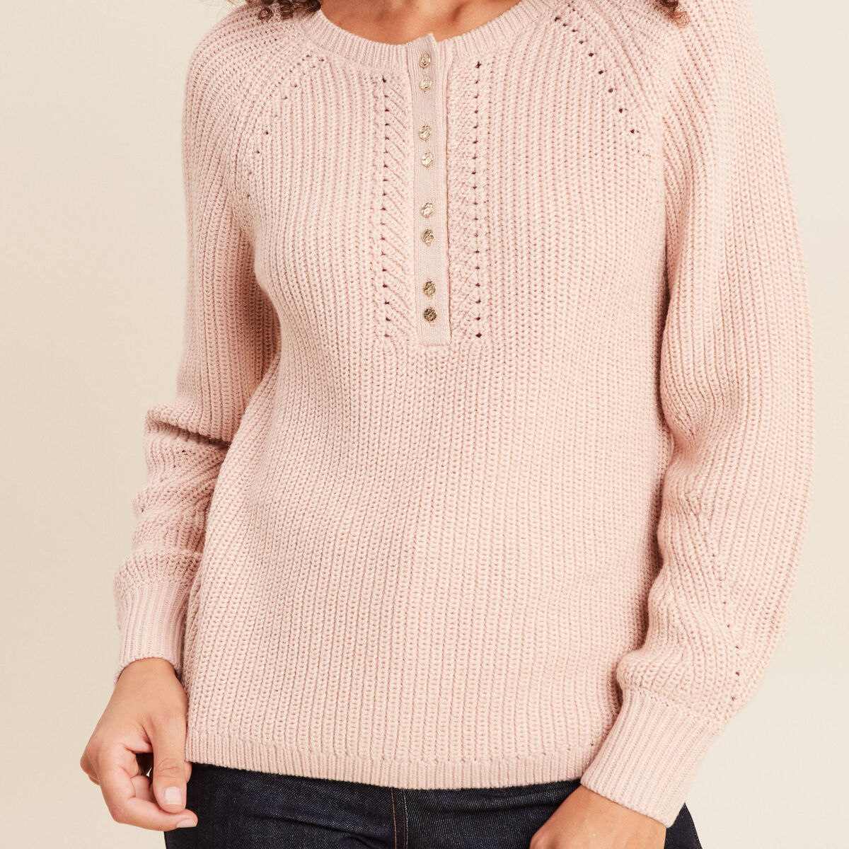 Pull col tunisien manches longues vieux rose femme