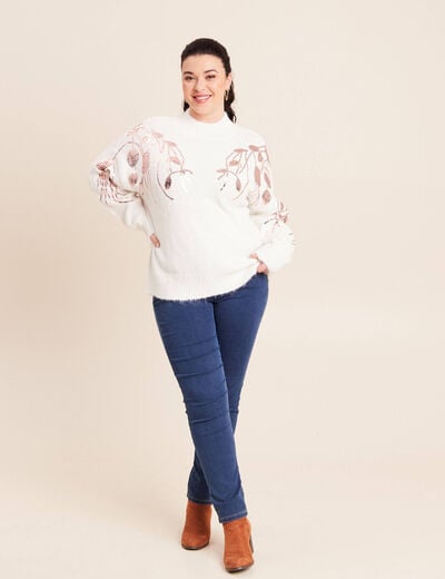 Pull col rond manches longues sequins ecru femme