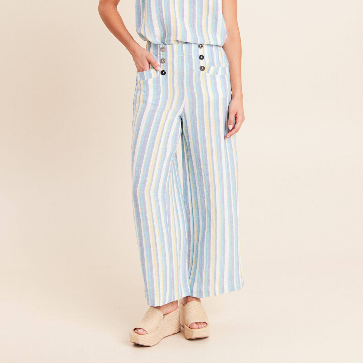 Pantalon large 7/8&egrave;me taille haute bleu femme