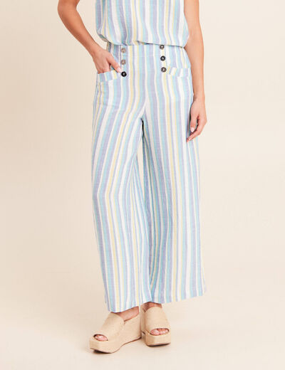 Pantalon large 7/8&egrave;me taille haute bleu femme