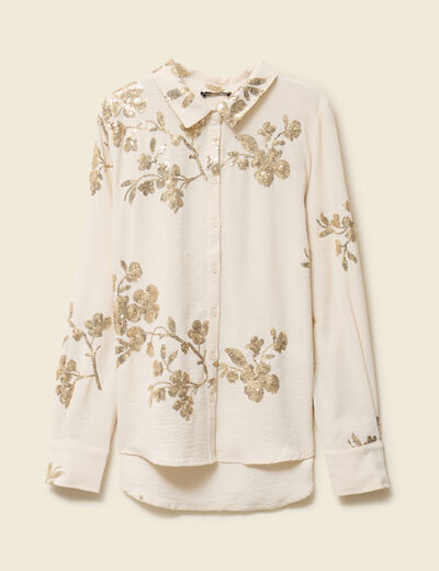 Chemise &agrave; sequins manches longues ecru femme