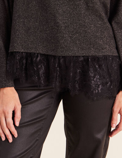 Pull col rond manches longues dentelle gris fonc&eacute; femme