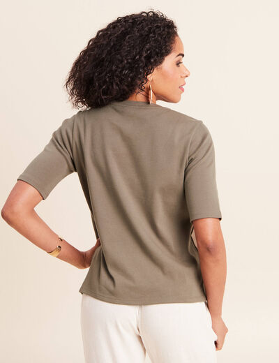 T-shirt ajust&eacute; col rond manches coudes vert kaki femme