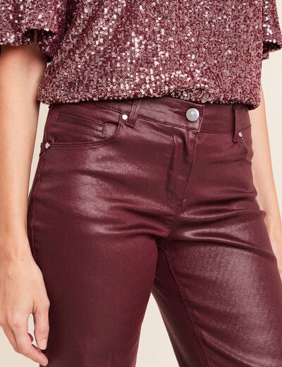 Pantalon enduit coupe large bordeaux femme