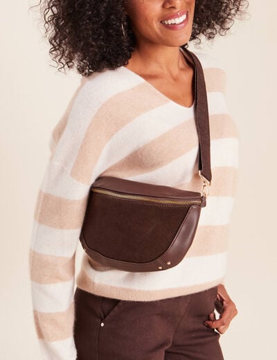 Sac banane bi-mati&egrave;re bandouli&egrave;re marron fonc&eacute; femme