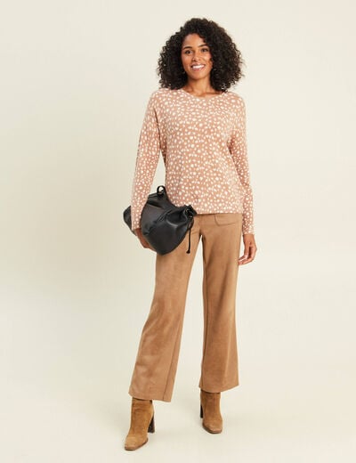 Pull droit col rond manches longues marron femme