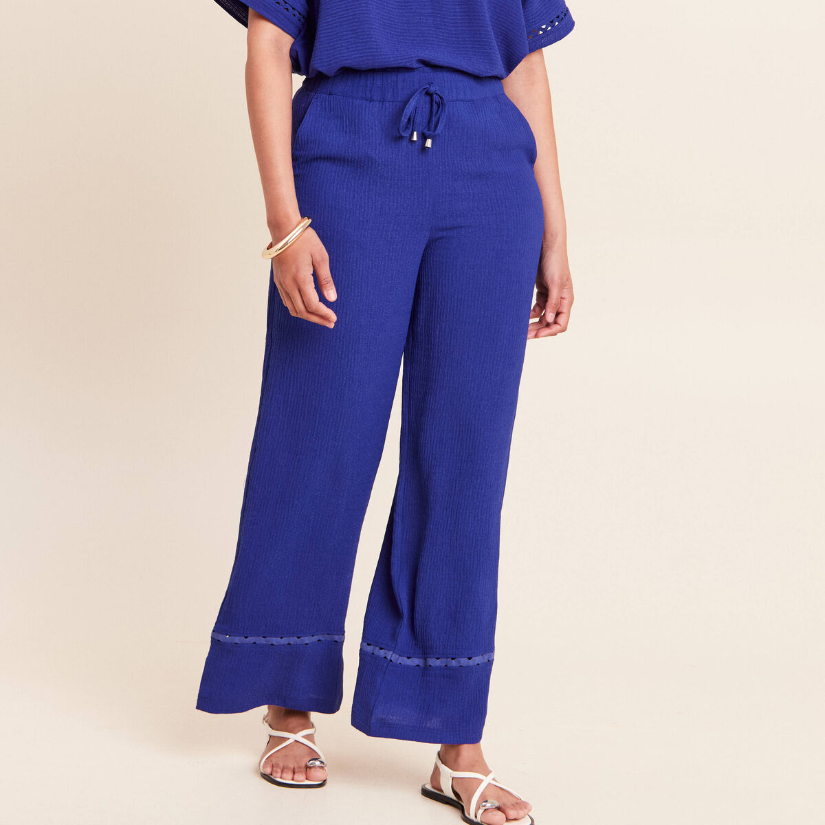 Pantalon large taille haute bleu fonc&eacute; femme
