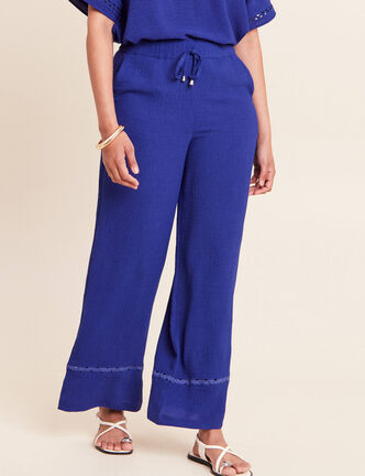 Pantalon large taille haute bleu fonc&eacute; femme
