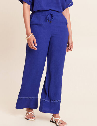 Pantalon large taille haute bleu fonc&eacute; femme