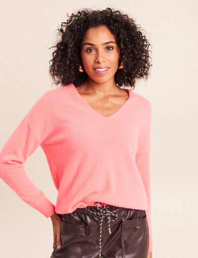 Pull en cachemire col v rose vif femme