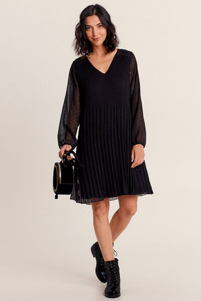 Robe évasée plissée noir femme