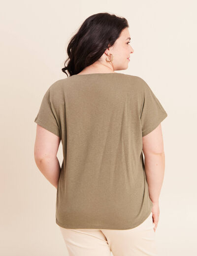 T-shirt col v manches courtes aspect lin vert kaki femme