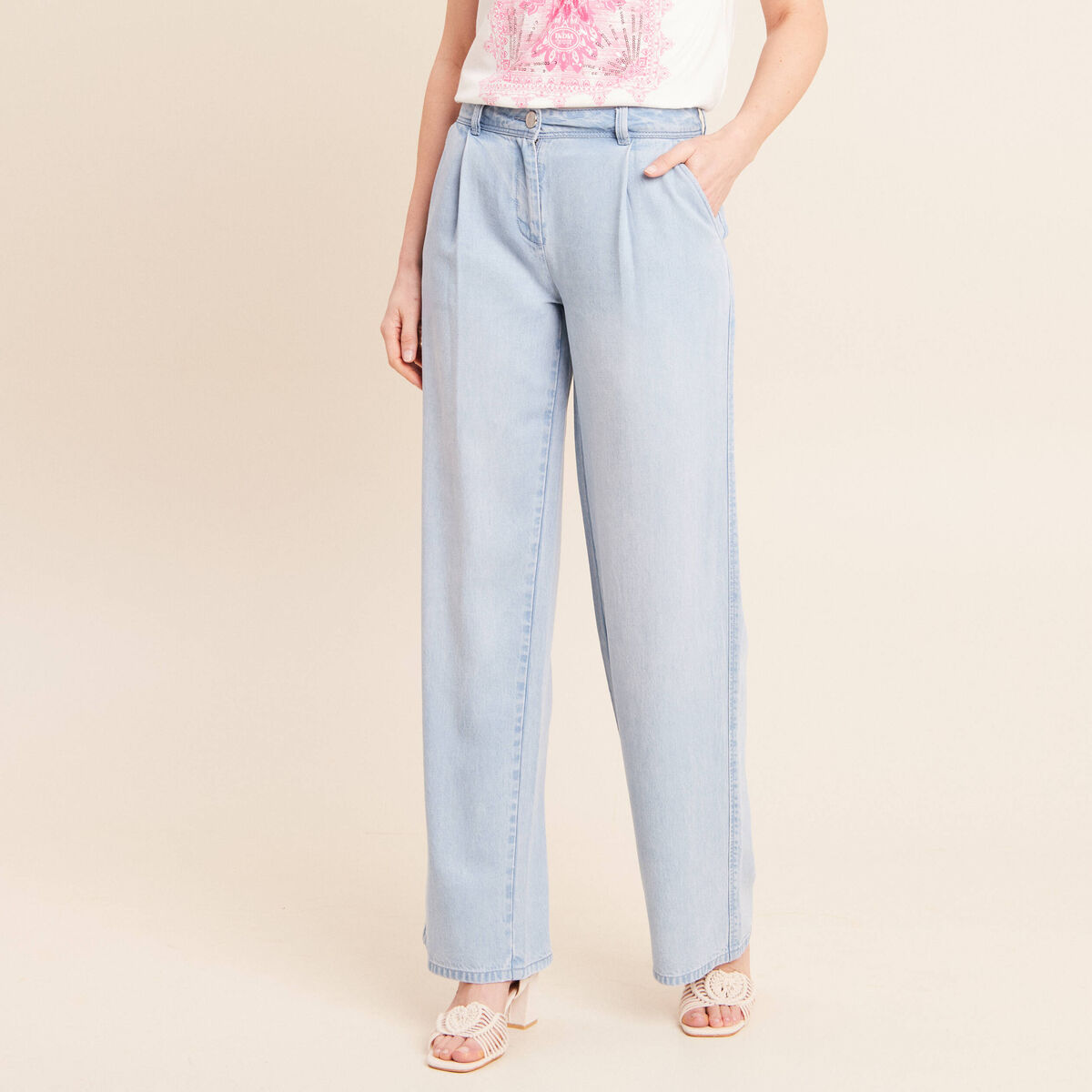 Pantalon large doubl&eacute; fluide denim bleach femme
