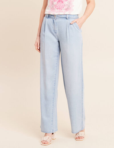 Pantalon large doubl&eacute; fluide denim bleach femme