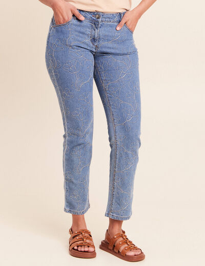 Jean coupe droite 7/8&egrave;me taille bascul&eacute;e denim double stone femme