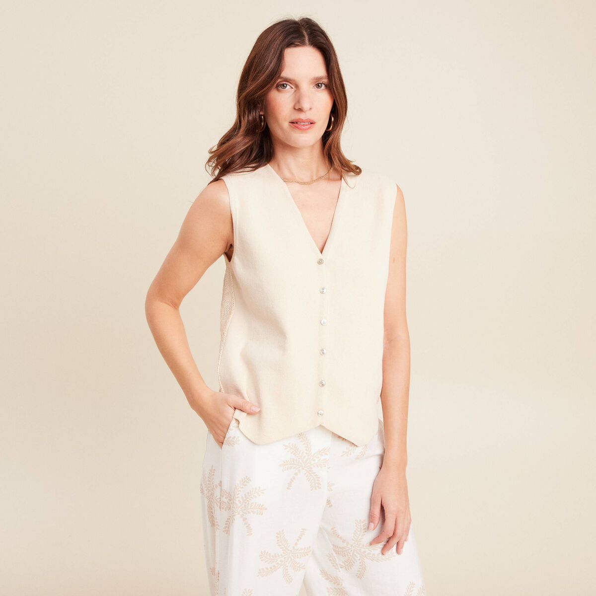 Twin-set Étincelle Débardeur Et Gilet Beige Perles Brodées - Taille 40 (FR), Occasion Bon état