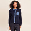 Veste col chemise manches longues bleu fonc&eacute; femme
